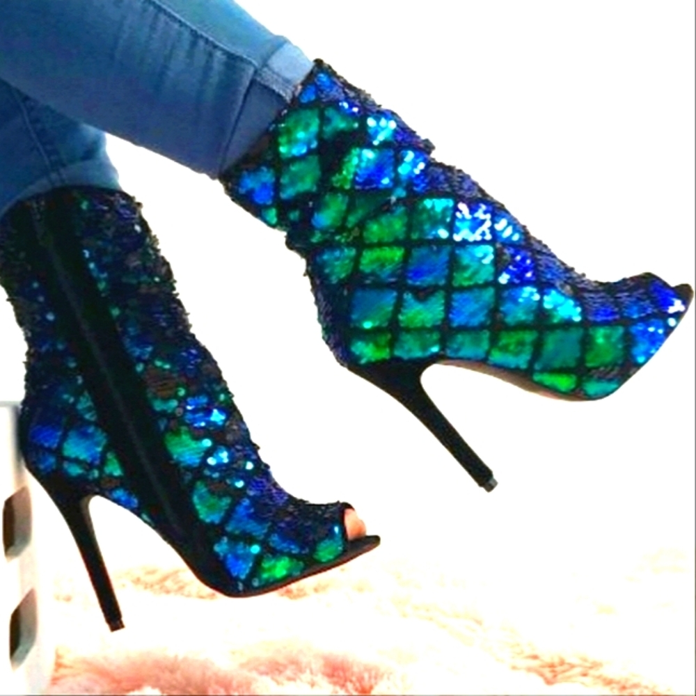 QUPID Sequin Ankle Boots - Sparkling Blue And Green Rhinestones